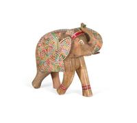 La figura decorativa de madera tiene la forma elegante y robusta de un elefante, con su trompa ligeramente curvada hacia arriba en señal de buena fortuna. está cuidadosamente tallada a mano.