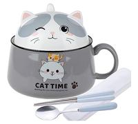 lachineuse - Cuenco de Ramen japonés con tapa - Cuenco de gato Kawaii - Cuenco de fideos instantáneos y desayuno - con cubiertos - Idea de regalo de anime Japón - Cuenco chino para niños adultos -