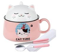 lachineuse - Cuenco de Ramen japonés con tapa - Cuenco de gato Kawaii - Cuenco de fideos instantáneos y desayuno - con cubiertos - Idea de regalo de anime Japón - Cuenco chino para niños adultos -