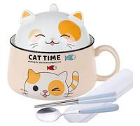 lachineuse - Cuenco de Ramen japonés con tapa - Cuenco de gato Kawaii - Cuenco de fideos instantáneos y desayuno - con cubiertos - Idea de regalo de anime Japón - Cuenco chino para niños adultos -