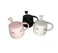 lachineuse - Juego de 3 tazas de gato kawaii de 450 ml - Con tapa y cuchara - Colores de cerámica: negro, blanco y rosa - Tazas para infusión, té y café - Idea de regalo original para Japón y Asia