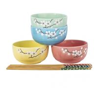 lachineuse - Juego de 4 cuencos japoneses de flores de cerezo Zen - 11 cm - Tazones de arroz, Poke Bowl, desayuno y sopa - 4 pares de palillos - Cuenco asiático Japón Asia - Regalo de vajilla japonesa