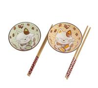 lachineuse Maneki Neko - Juego de cuencos para arroz, desayuno y sopa, dúo gourmand verde y naranja, porcelana con palillos, gato de la suerte, regalo japonés - Deco Kawaii Japón