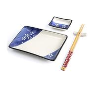 lachineuse - Servicio de sushi japonés - Platos, palillos y salchichas para 1 persona - Color blanco y azul - Porcelana - Diseño de flores Sakura - Caja de regalo de Japón - Vajilla japonesa
