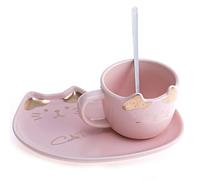 lachineuse - Taza de gato - diseño Kawaii - soporte para gato y cuchara - rosa y dorado - amuleto de Japón - Cultura Nipponne - Decoración japonesa - Idea de regalo de Japón Asia