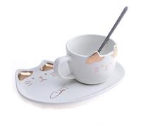 lachineuse - Taza de gato - Diseño kawaii - Soporte y cuchara para gato - Blanco y dorado - Amuleto japonés de la suerte - Cultura japonesa - Decoración japonesa - Idea de regalo de Japón y Asia