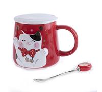lachineuse - Taza en relieve, diseño de gato Maneki Neko, color rojo, acompañado de su cuchara - Decoración japonesa - Idea de regalo de Japón Asia