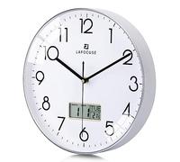 Lafocuse 30cm Reloj de Pared Calendario con Fecha y Termometro Digital LCD, Silencioso Moderno Plateado Reloj Cocina Pared, Fácil de Leer sin Tictac para Salon Dormitorio Oficina