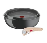 Lagostina Ingenio Vivissima - Juego de sartén de 24 cm y wok de 26 cm de cerámica antiadherente con mango extraíble beige, 100% aluminio reciclado y tecnología Thermo-Signal, para todas las fuentes de
