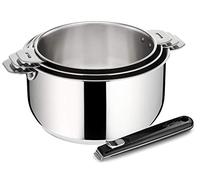 Lagostina Salvaspazio 3 Cacerolas de Acero Inoxidable 18/10 + Mango Negro Extraíble, 4 Piezas, de Inducción, Gas y Horno Ø 16, 18 y 20 cm, Apilable y fácil de almacenar, Fondo de 3 Capas