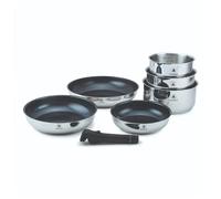 LAGUIOLE, Juego de cocina de 7 piezas de acero inoxidable con revestimiento cerámico antiadherente, mango extraíble, compatible con inducción, varias dimensiones, 3 ollas + 3 sartenes, Plata