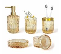 LaMarriti Juego de 5 accesorios de baño de cristal dorado transparente, dispensador de loción, jabonera, vaso, tarros de hisopo de algodón, soporte para cepillos de dientes, dorado, amarillo y naranja