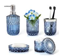 LaMarriti Juego de Accesorios de baño de Cristal Azul de 5 Piezas, dispensador de loción, jabonera, Vaso, tarros de hisopo de algodón, Soporte para Cepillo de Dientes, decoración Moderna de baño y