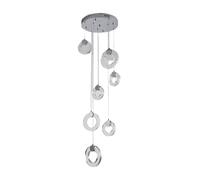 LAMPARA COLGANTE DE TECHO DE METAL , COLOR CROMO Y CRISTAL SEMITRANSPARENTE. 7 TULIPAS (AROS) DE CRISTAL, LUZ LED 12W x 7 . TONO DE LUZ 4000K. Ref. 531
