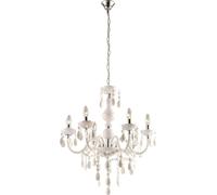 Lámpara colgante Globo Lighting, acabado metálico cromado, blanco, cristales de acrílico blancos, diámetro: 670 mm, altura: 1660 mm, excluye 6 bombillas E14 de 40W y 230V