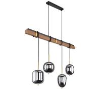 Lámpara colgante Globo Lighting, con estructura de metal mate, detalles en madera marrón y pantalla de vidrio. Cable de tela negra. Altura ajustable. Incluye 4 pantallas de diferentes diseños. Dimensi