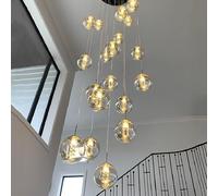 Lámpara Colgante Industrial contemporánea de 19 Luces con Esfera de Cristal - Gris Humo. Luminaria de Techo para escaleras largas. Iluminación Colgante Moderna para techos Altos.