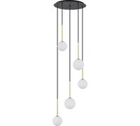 Lámpara colgante KARO, diseño blanco y con detalles dorados, 5 bombillas G9 de 12W, material: vidrio, dimensiones: 120x40x40 cm, IP20, marca: Nowodvorski Lighting
