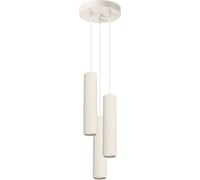 Lámpara colgante moderna de color beige, redonda, con un diámetro de 20 cm, equipada con tres tubos ondulados, ideal para la cocina-comedor sobre la isla. Utiliza 3 bombillas GU10 de 10W, marca KARBON