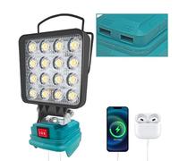 Lámpara con batería para Makita 18 V, 48 W, 4800 lm, lámpara de trabajo inalámbrica, 2 modos, foco LED con 2 carga USB, luz de inundación portátil para obras, camping, emergencias, reparación de