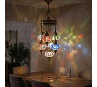 Lámpara de araña de mosaico turco multicolor, lámpara de cristal de mosaico de 7 globos hecha a mano, patrón geométrico de estrellas, lámpara de techo colgante marroquí, acabado de latón antiguo