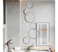 Lámpara de araña LED para techos Altos, lámpara Colgante Ajustable con 6 Anillos Negros, Control Remoto, Regulable, Ideal para recibidor, 3000K/6000K, Estilo Moderno para escaleras.