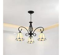 Lámpara de araña Moderna Estilo Tiffany - Lámpara Colgante de vidrieras Blancas en Forma de Cono con 3 Luces. Elegante lámpara Colgante para Comedor. Luminaria de Estilo Vintage para la Deco