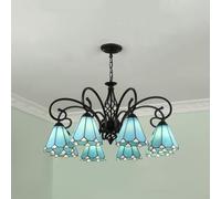 Lámpara de araña Vintage de vidrieras Azules Estilo Tiffany - Lámpara Colgante cónica de 8 Luces para Comedor, Elegante luminaria Colgante, decoración Retro para el hogar.