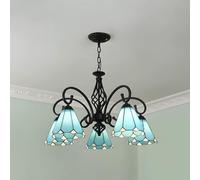 Lámpara de araña Vintage Estilo Tiffany - Lámpara Colgante de vidrieras Azules en Forma de Cono con 5 Luces Comedor o la decoración del hogar. Elegante lámpara Colgante.