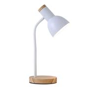 Lámpara de escritorio de madera natural y acero blanco, diseño escandinavo moderno para estudio o despacho, ø 12 x 17 x 45 cm con base ø15x2 cm y cable de 1.50 m, compatible con bombilla E27 hasta 40