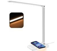 Lámpara de escritorio, lámpara de mesa LED con carga inalámbrica Qi 10 W, función de carga USB, 1200 Lux lámpara de escritorio LED regulable, lámpara de lectura, luz nocturna, función memoria, control