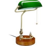 Relaxdays Lámpara Banquero Retro, Interruptor Cadena, Tulipa Inclinable, Base Madera, Luz Escritorio Oficina, E27, Verde