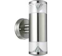 Lámpara de exterior, aplique de pared Charlotte, con luz direccional hacia arriba y hacia abajo, fabricada en metal y plástico, color acero inoxidable. Dimensiones: L: 15,5 cm, A: 11,5 cm, H: 26,6 cm.