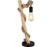 Lámpara de mesa Globo Lighting, estructura de metal mate, cuerpo de madera de haya brillante, pantalla de yute marrón, cable de PVC , interruptor de palanca en el cable, dirección de la luz: hacia aba
