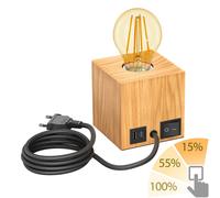 ledscom.de Lámpara de sobremesa HITO, madera maciza, angular, USB, incl. lámpara E27 dorada, máx. 778lm, 3 niveles, blanco extra cálido