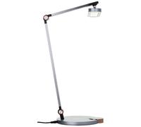 Lámpara de mesa LED plateada, brillante. Lámpara de escritorio con carga inalámbrica. 10W, 1000 lúmenes, regulable, con ajuste de temperatura de color (CCT). Altura: 40 cm. Material: aluminio/plástico
