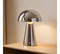 Lámpara de mesa LED recargable Lindby Nevijo, cromada, Ø 20 cm, USB, atenuador
