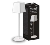 Lámpara de mesa LED V-TAC VT-7563, 2W, luz blanca cálida (3000K), con batería de 4400 mA, botón de encendido/apagado, regulable, control táctil de color, color blanco, IP54 – SKU 7691