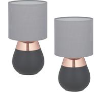 Lámpara de mesa Relaxdays, juego de 2 unidades, base de metal, pantalla de tela, casquillo E14, dimensiones: 32 x 18 cm, lámpara de noche con cable, color gris/cobre