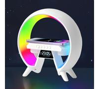 Lámpara de Noche con Función de Carga,Lampara Cargador Inalambrico, Altavoz Bluetooth Forma de G con Reloj Despertador, Lámpara de Mesa LED para Dormitorio Sala de Estar Oficina