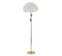 Lámpara de pie delgada y blanca, 165 cm de altura – Lámpara de pie glamurosa, fabricada en metal dorado y adornada con plumas – Diseño curvo y elegante – Casquillo E27, 40 W