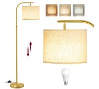 Lámpara de Pie de Arco, Lámpara de Lectura Regulable en Altura, 150-175 cm de Altura, Moderna, con Interruptor de Pedal, Pantalla de Tela, Casquillo E27, Dorado Claro