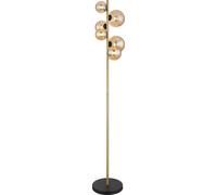 Lámpara de pie Globo, metal negro mate, metal latón mate, vidrio ámbar, interruptor de pie en el cable, dimensiones: 285x265x1550 mm, longitud del cable: 2400 mm, 2 pantallas de diámetro: 10 cm, 2 pan