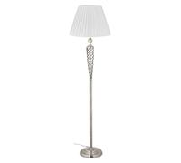 Lámpara de pie Relaxdays, estilo antiguo, pantalla de tela, base de metal decorativa, casquillo E27, lámpara de pie para sala de estar, altura x diámetro: 157x42 cm, color plateado/blanco