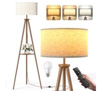 Lámpara de Pie Trípode LED Regulable Con Separadores de Almacenaje - 12W Lampara de Pie Madera con Mando & Bombilla E27, Luz para Leer para Salón, Dormitorio, Marrón Oscuro - Estante Triangular