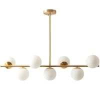 Lámpara de techo moderna de 110 cm, color dorado, con 7 globos blancos estilo Sputnik, de diseño vintage. Lámpara colgante con pantalla de vidrio tipo "bola de leche", regulable, ideal para comedor, s