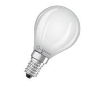 LEDVANCE Classic P40. Bombilla led esférica mate 220-240V 4W 2700K E14. La bombilla es enteramente de cristal. 470 Lumen. Equivalente a 40W. 15.000 Horas. 77 X 45mm. Luz cálida.
