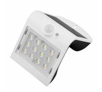 Lámpara LED solar blanca con sensor de movimiento, 2W, ideal para iluminación exterior y seguridad nocturna.