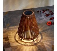 Lámpara LED solar Lindby Amaria, ratán, oscura, Ø 27 cm
