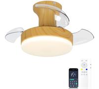 Lampara Techo Ventilador Aspas Retráctiles Plegables Ocultas, Ventilador Techo Pequeño Con Luz Silencioso Plafón 52cm Color De Madera Falsa Para Salón Dormitorio Habitaciones Pequeñas / Infantil